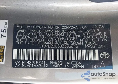 2008 Toyota Prius from USA, damaged, VIN JTDKB20U383385646
